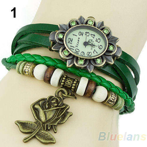 Hot Stunning GREEN Women Retro Leather Bracelet Rose Flower Quartz Wrist Watch