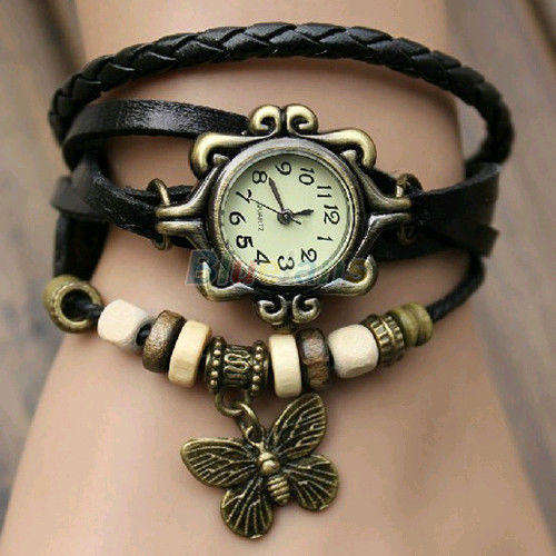 Hot Stunning BLACK Women Retro Leather Bracelet Butterfly Quartz Wrist Watch