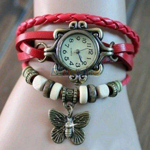 Hot Stunning RED Women Retro Leather Bracelet Butterfly Quartz Wrist Watch