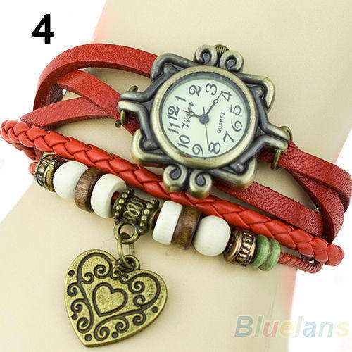 Hot Stunning RED Women Retro Leather Bracelet Heart Quartz Wrist Watch