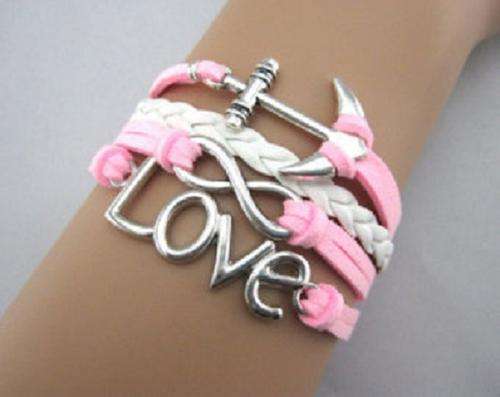 Infinity  Pink & White Love Anhor Braided leather Bracelet (Free Gift Box)