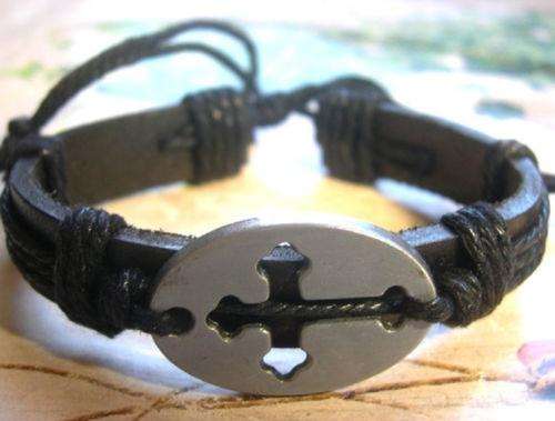 Men Trinity Cross Fashion Surfer Biker  Leather Bracelet Wristband