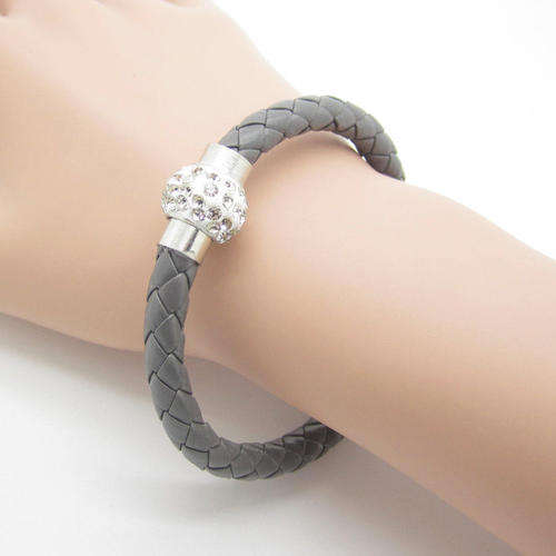 Grey Leather Wrap Wristband Cuff Punk Magnetic Rhinestone Buckle Bracelet Bangle