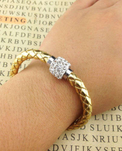 Gold Leather Wrap Wristband Cuff Punk Magnetic Rhinestone Buckle Bracelet Bangle