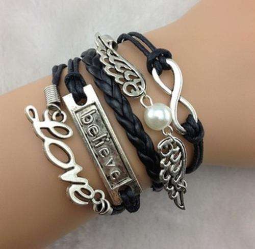 Black Love Believe Pearl Infinity Charm Bracelet in Silver