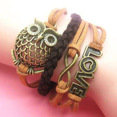 Infinity Brown/Tan Owl Love Charm Bracelet