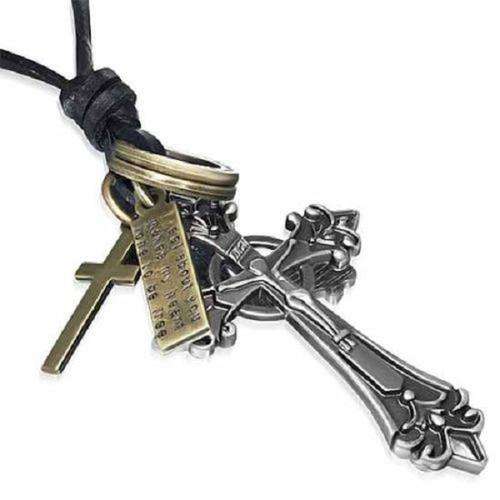 URBAN MALE STAINLESS STEEL CROSS PENDANT & BROWN LEATHER CORD NECKLACE FOR MEN