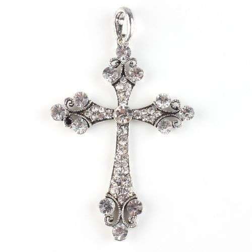 Antique Silver Charms Rhinestone Cross Pendant and Chain Necklace
