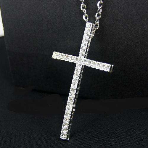 Lovely Silver Tone Rhinestone Crystal Cross Pendant Necklace