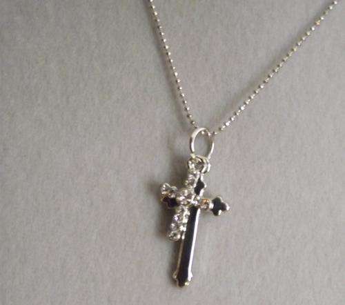 Silver  Rhinestone Double Cross Pendant Necklace