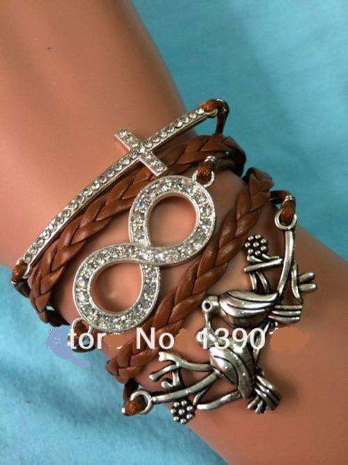 Infinity Purple Rhinestones Cross  Love Birds Charm Bracelet