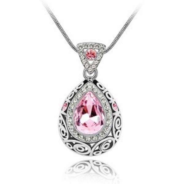 Chrerise Pink Teardrop Rhinestone Pendant Necklace (Please read description)