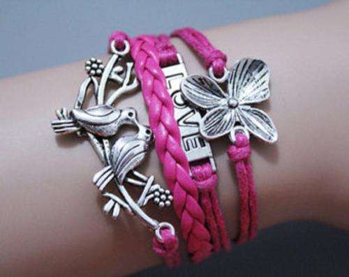 Infinity Pink Lovebirds Flower Charm Bracelet