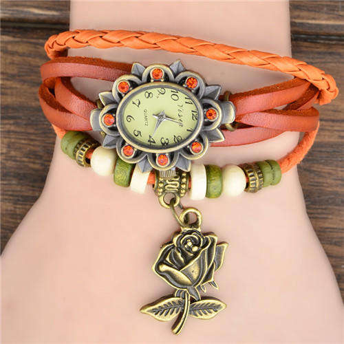 ORANGE High Quality Genuine Leather Vintage Bracelet  Rose Pendant Wristwatch