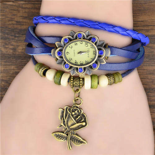 BLUE High Quality Genuine Leather Vintage Bracelet  Rose Pendant Wristwatch