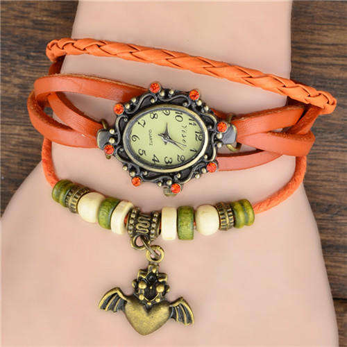 ORANGE High Quality Genuine Leather Vintage Bracelet  Flying Heart Pendant Wristwatch