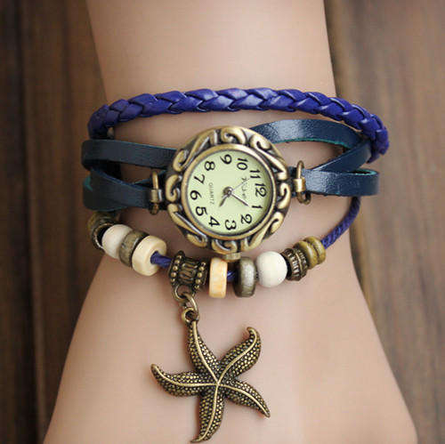 High Quality  BLUE GENUINE Leather Vintage Bracelet  Seastar Pendant Wristwatch