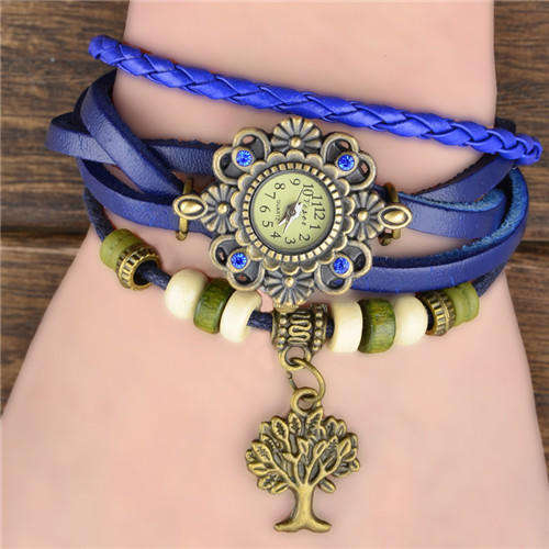 BLUE High Quality GENUINE Leather Vintage Bracelet  Tree Of Life Pendant Wristwatch