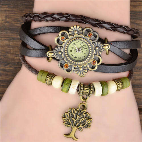 BROWN High Quality GENUINE Leather Vintage Bracelet  Tree Of Life Pendant Wristwatch