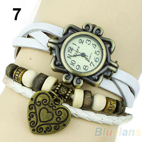 White Retro Heart Bracelet Watch Womens Weave Leather Band Quartz Wrist Watch