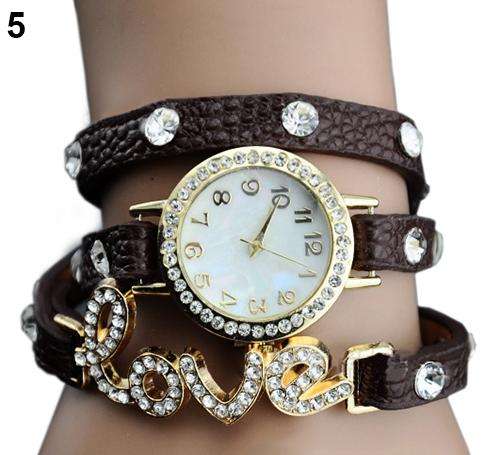 BROWN Fashion Women Girl LOVE  Cz Dial Wrap Around Leather Bracelet Wrist Watch