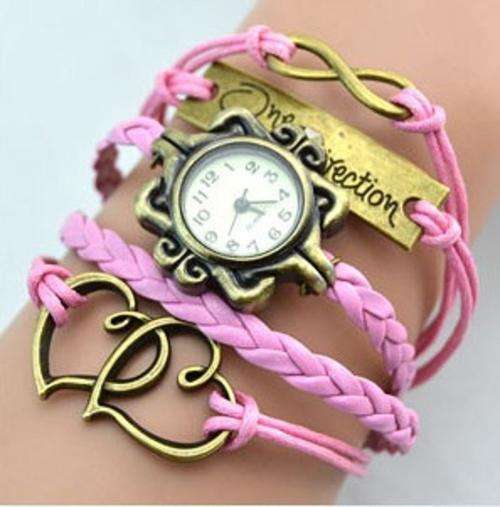 PINK  Infinity One Direction Double Heart Bracelet  Watch Bronze Plating
