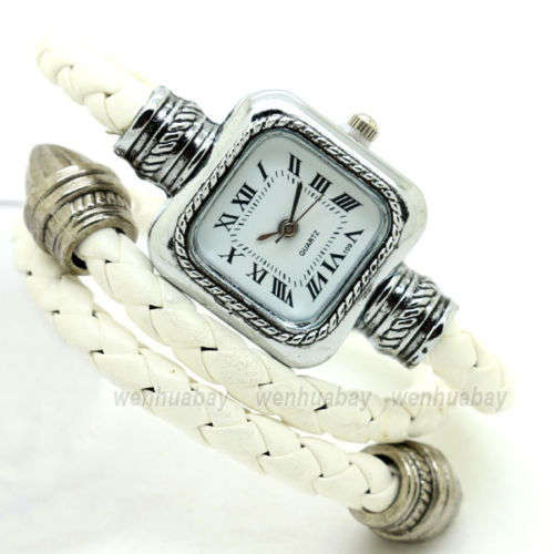 New Square Dial Weave WRAP Around Leather Bracelet Lady Woman Quartz Wrist Watch WHITE
