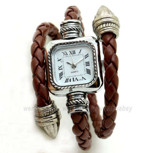 New Square Dial Weave WRAP Around Leather Bracelet Lady Woman Quartz Wrist Watch BROWN
