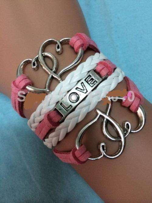 PINK/WHITE Double Hearts Love infinity Charm Bracelet