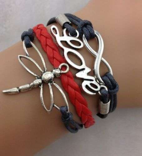 RED/BLACK Dragonfly Love infinity Charm Bracelet
