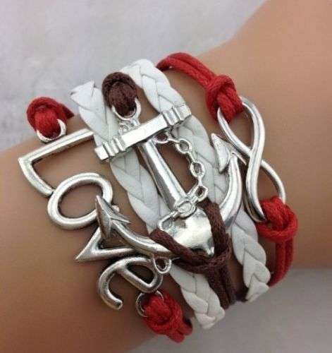 White/Red/Brown  Infinity Anchor Love Leather Charm Bracelet