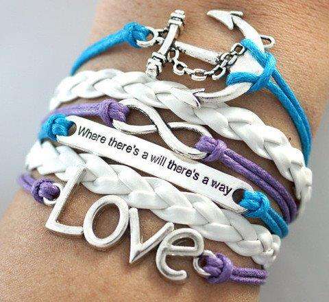 Purple/WhiteBlue Infinity Anchor Love Leather Cute Charm Bracelets