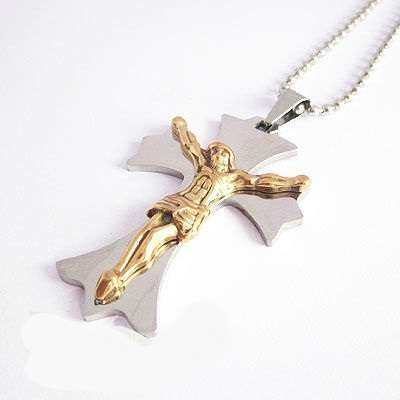 316L Stainless Steel & Gold Coated Unisex Jesus Cross Pendant Necklace and 60cm Ball Chain