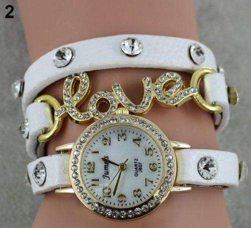 White Fashion Women Girl LOVE  Cz Dial Wrap Around Leather Bracelet Wrist Watch