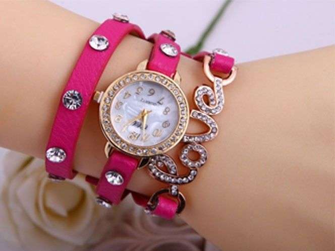Pink Fashion Women Girl LOVE  Cz Dial Wrap Around Leather Bracelet Wrist Watch