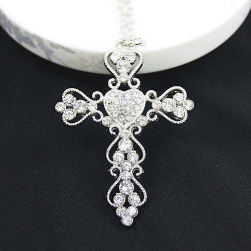 Lovely Silver Tone Rhinestone Crystal Cross Pendant Necklace