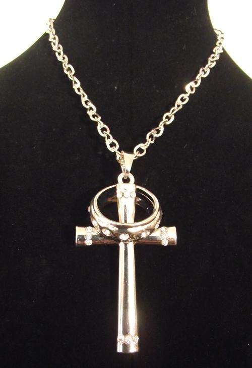 Silver Tone Rhinestone Wedding Band & Cross Pendant Necklace