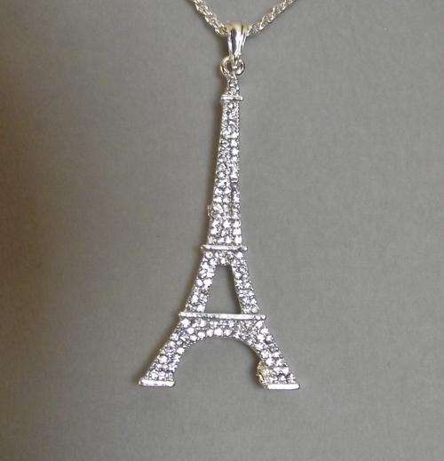 Silver Tone Rhinestone  Eiffel Tower Pendant Necklace
