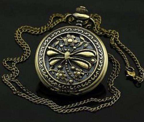 RETRO ANTIQUE LOOK DRAGONFLY POCKET NECKLACE WATCH