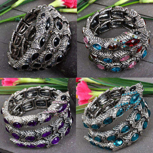 OPAQUE Resin Stones & Rhinestones Coiled Stretch Snake Bracelet 4 Colours
