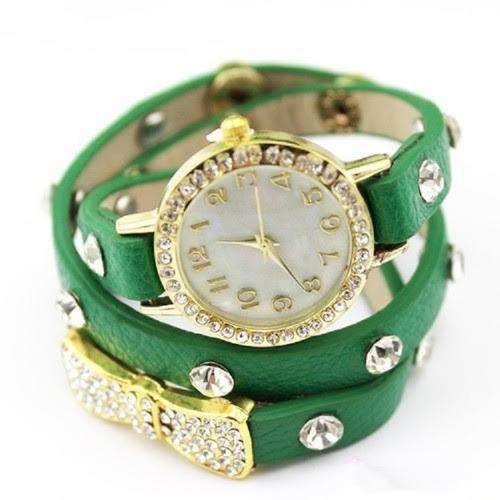 GREEN Vogue Women's Crystal Bracelet Bow Leather Strap Chain Quartz Wrist Watch