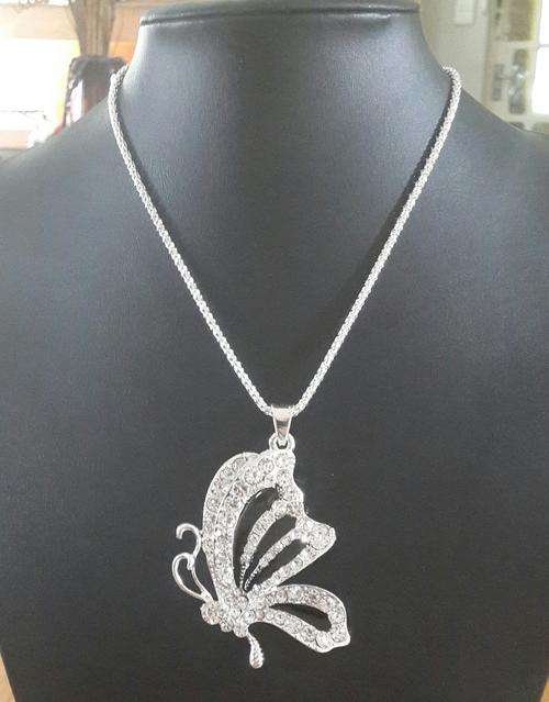 Silver  Rhinestones & Black Hand Painted Inlay Butterfly Pendant Necklace free Gift Box