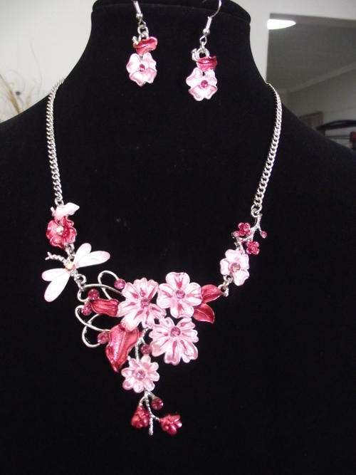 PINK Floral Hand Painted Bridal Necklace and Earrings Set