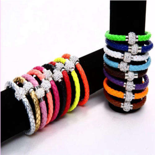 Leather Wrap Wristband Cuff Punk Magnetic Rhinestone Buckle Bracelet Bangle
