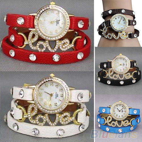 Fashion Women Girl Love Cz Dial Wrap Around Leather Bracelet Wrist Watch
