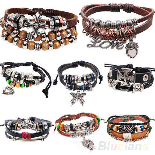 Multilayer Vintage Leather Chain Beaded Wraps Charms Bracelet Cuff Bangle