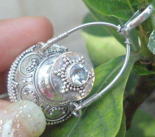 SOLID 925 Sterling Silver-Balinese Perfume Locket Pendant W Blue Topaz
