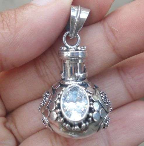 SOLID 925 Sterling Silver -White Zircon IN Balinese Perfume locket Pendant