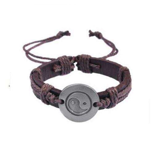 Unisex  BLACK  Leather & Hemp Yin Yang Tai Chi Bracelet