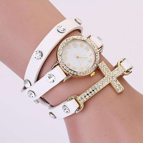 WHITE Women Girl CROSS Cz Dial Wrap Around Leather Bracelet Wrist Watch